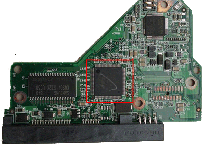 Hard drive PCB with the decryption chip and BIOS labelled